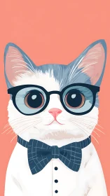 Stylized Cat in Glasses and Bow Tie on Coral Background.