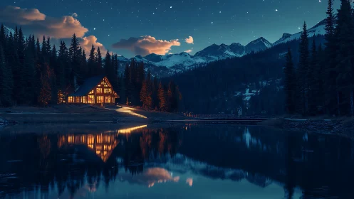 Lakeside cabin glows warmly beneath a tranquil starlit sky