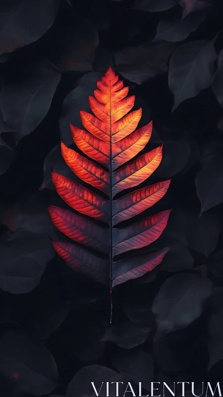 Luminous ember leaf afloat on midnight forest velvet.