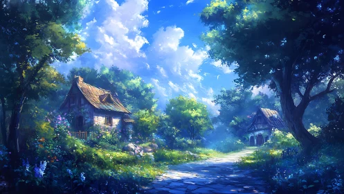 Rural stone cottages are shown along a sunlit forest path