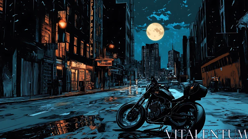 Midnight motorcycle under full moon in neon city street.
