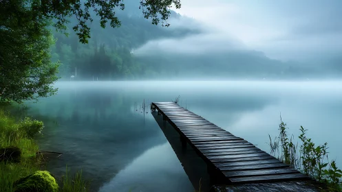 Wooden lake pier leading into calm misty blue water.