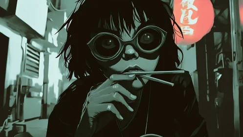 Nocturnal noodle dreamer beneath red neon lantern haze.