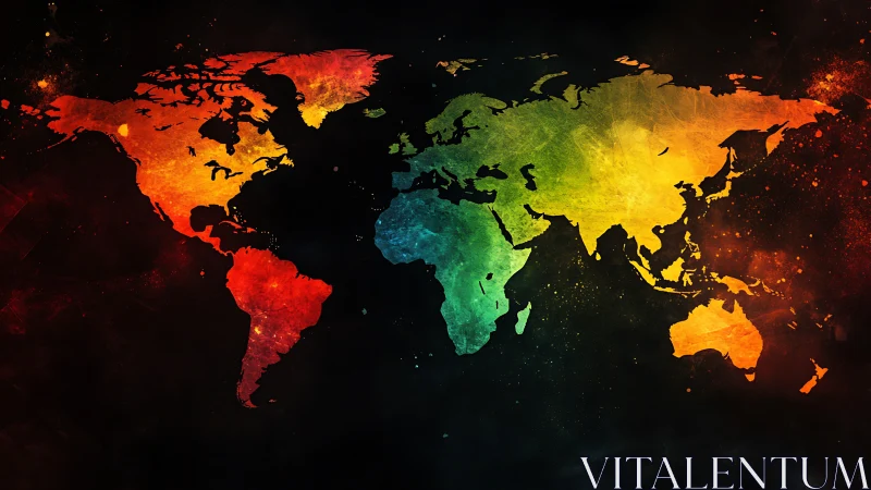 World map glows in radiant multicolor gradient spectrum.