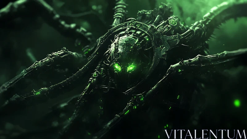Cybernetic spider horror with glowing green core emerges.