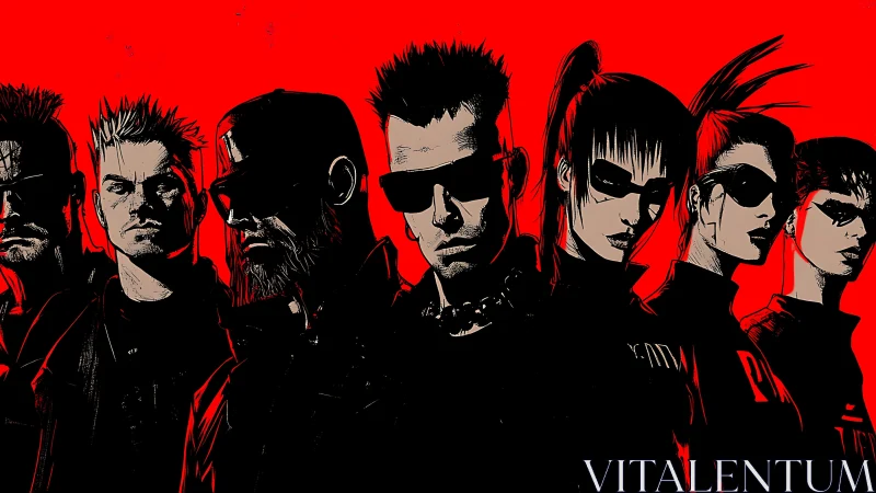 Neon revolt squad framed in razor-black silhouettes.