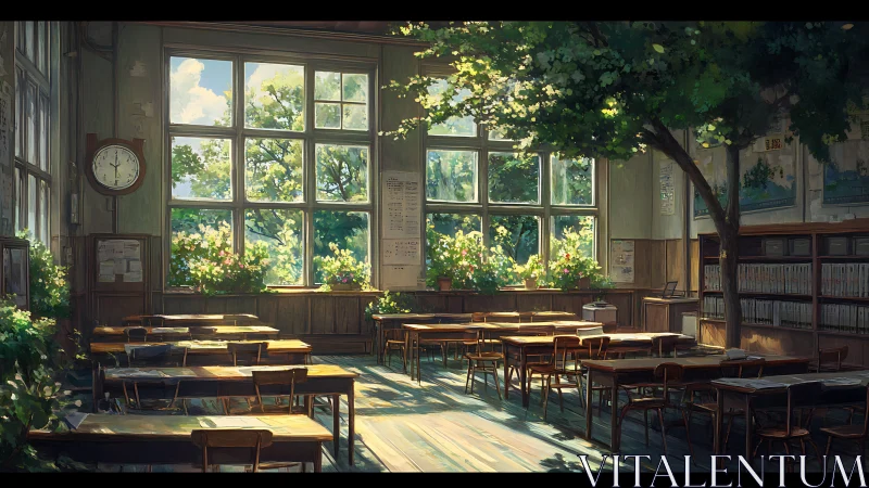 Sunlit botanical classroom interior, anime environmental study.