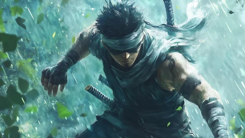 Blindfolded ninja warrior in dynamic forest rain scene.