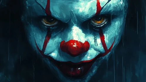 Sinister carnival clown stares from dripping midnight gloom.