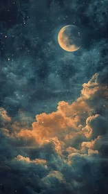 Luminous crescent moon above glowing nebula clouds at night.