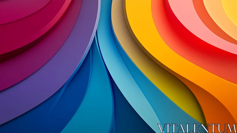 Layered curved bands in multicolored abstract composition.