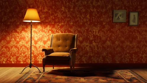 Upholstered armchair with floor lamp in patterned room.