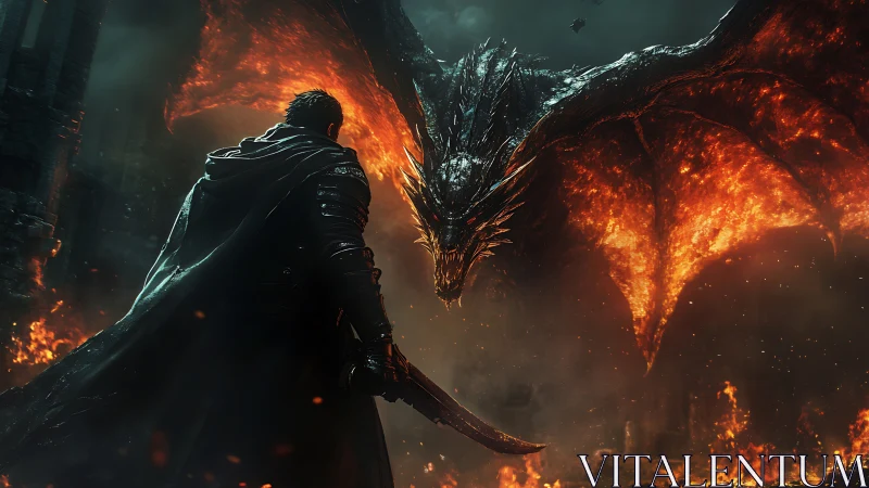Armored figure confronts large dragon amid controlled flames