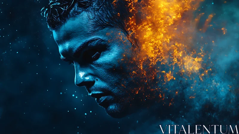 Bioluminescent male portrait dissolving into asymmetric fire plume