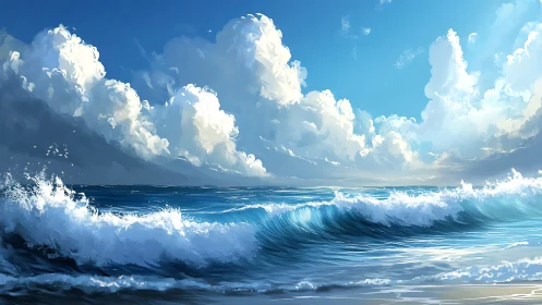 Ocean waves roll toward shore under tall cumulus clouds