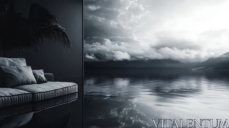 Monochrome coastal lounge interfacing with reflective waterscape.