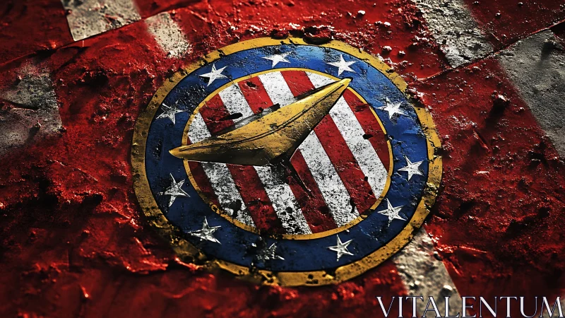 Weathered patriotic emblem with gold wing centerpiece.