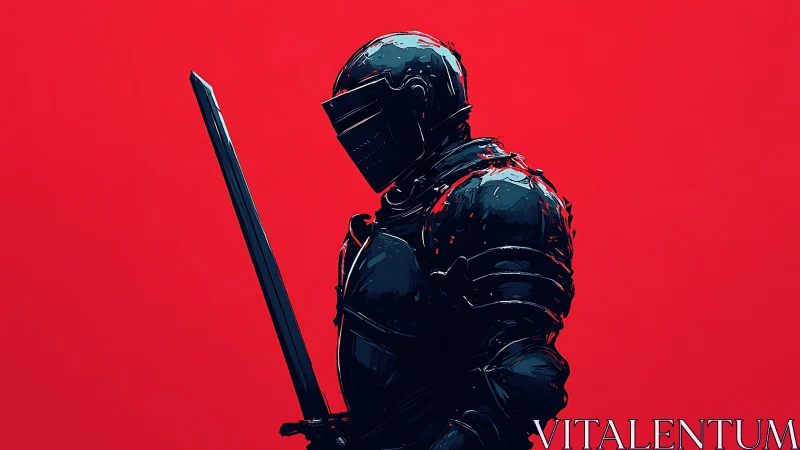 Armored knight in profile silhouette against vivid red field