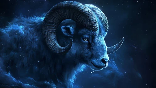 Celestial ram drifting through quiet starlit midnight skies.
