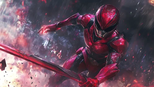 Armored red warrior charges through smoke in blazing combat