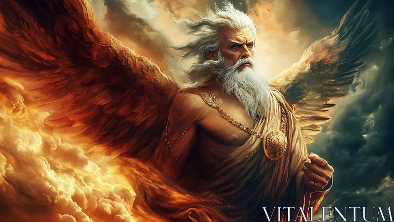 Storm-forged winged deity strides through blazing heavens.