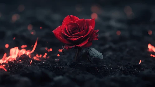 Single crimson rose blazing amid dark embers at night.