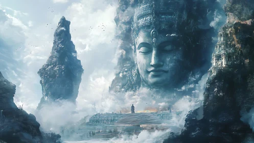 Colossal stone deity above misty mountain temple steps.