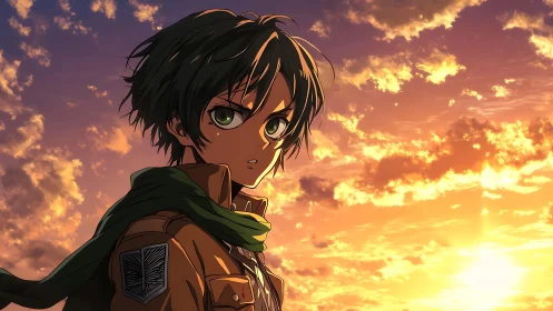 Anime soldier gazes over a blazing golden sunset sky.