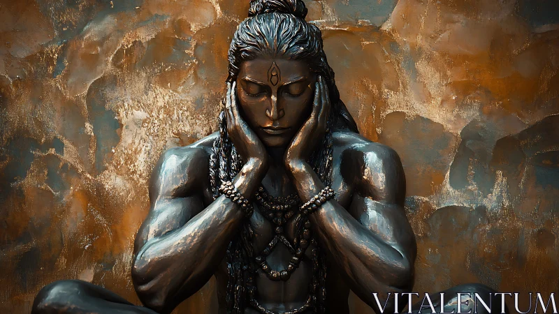 Bronze meditative deity statue with closed eyes in repose.