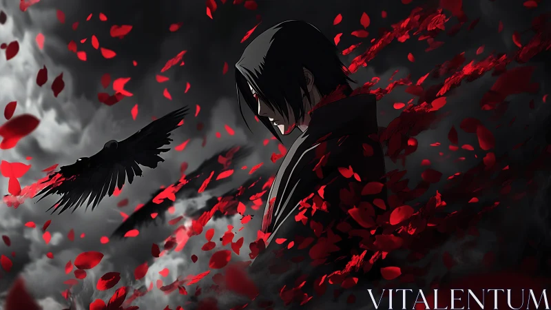 Brooding anime figure amid storm clouds and crimson petals.