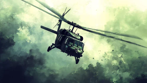 Stormbound military helicopter diving through toxic clouds.