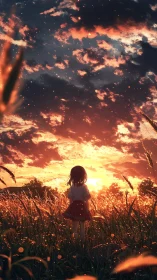 Sunlit field reverie with lone girl under blazing sky.