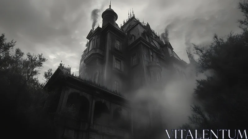 Old gothic mansion rises through dense fog and smoke