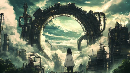 Solitary figure before colossal ringed skyforge gateway.