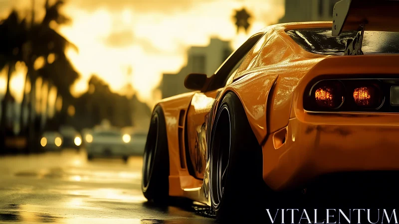 Golden-hour street racer glows on rain-slick city asphalt.