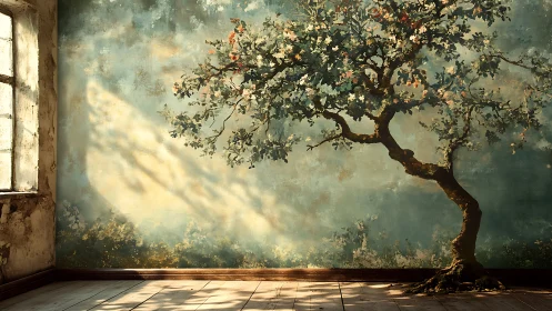 Aged interior wall with painted tree mural and raking window light