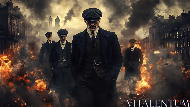 Gangsters stride through burning street in smoky chaos.