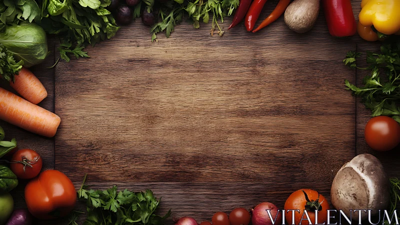 Colorful fresh vegetables framing a cozy wooden table.