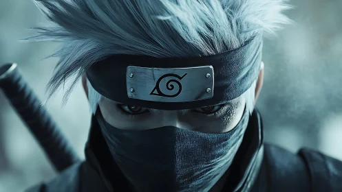 Steely-eyed masked ninja stares forward in icy silence.