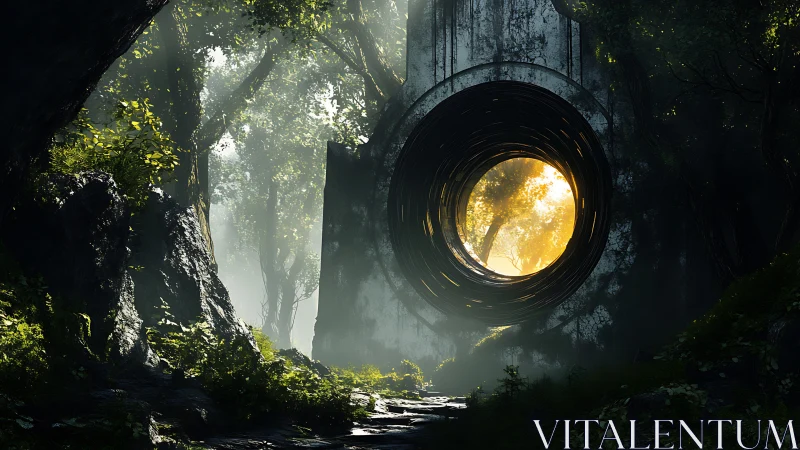 Sunlit forest portal embedded in ancient concrete monolith.