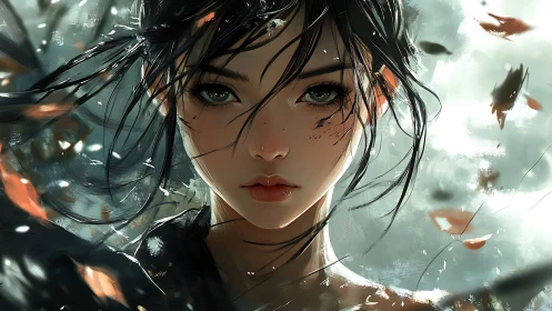 Storm-kissed gaze carves quiet intensity through swirling leaves