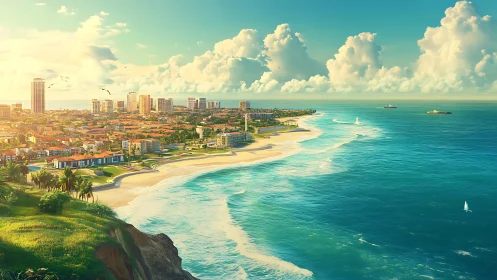 Sunlit coastal cityscape renders expansive tropical shoreline