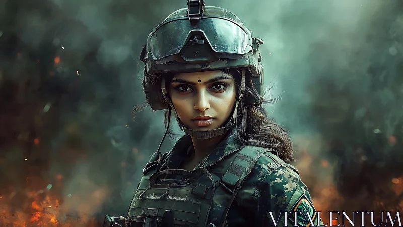 Female soldier in tactical gear, digital art with dramatic lighting.