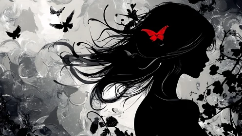 Silhouette girl, storm of butterflies and ink-tangled winds.