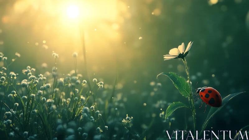 Sunlit meadow whispers with a ladybug’s quiet pilgrimage.