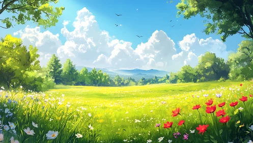 Sunny wildflower meadow opens toward distant blue hills