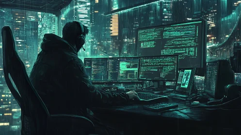 Midnight rain scripts neon code across a cyberpunk skyline