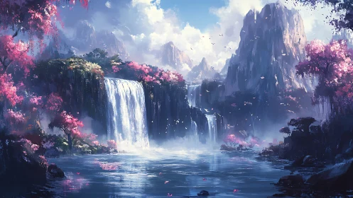 Enchanted mountain waterfalls shimmer amid pink blossoms.
