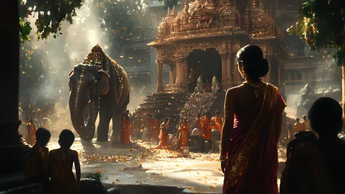 Temple procession moves past ornate shrine with adorned elephant