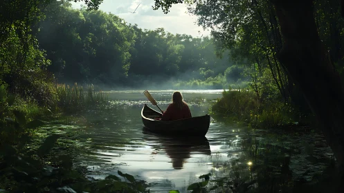 Backlit rowboat drifts through shaded forest inlet with volumetric light